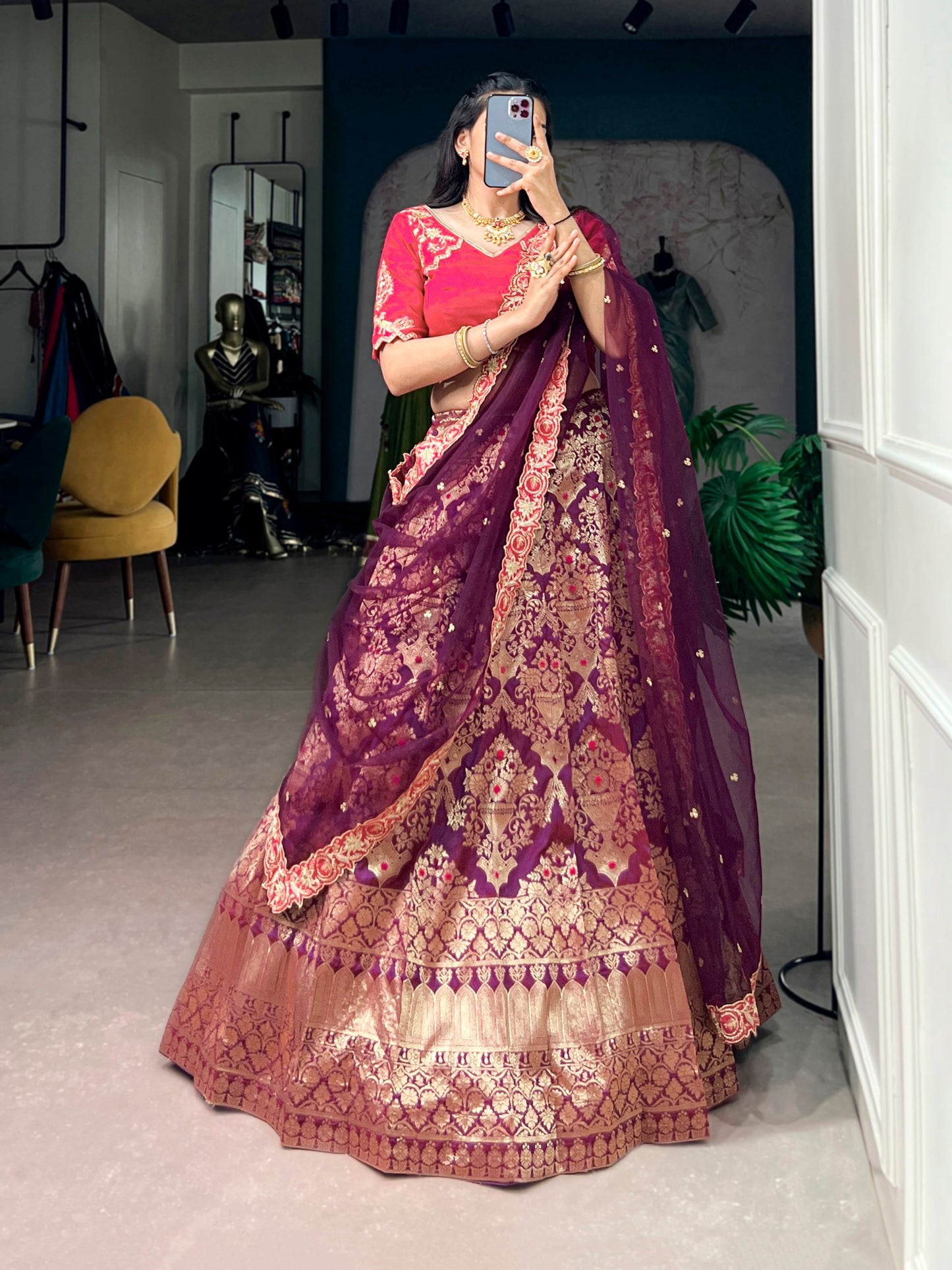 RangBhoomi Jacquard Silk Lehenga — Festive Embroidered Set with Net Dupatta