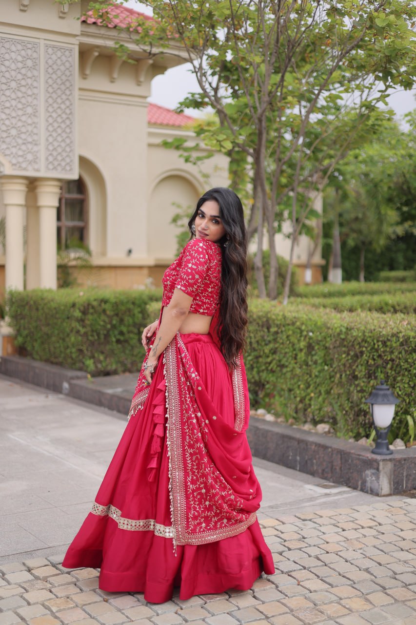 RangBhoomi Glory Satin Embroidered Lehenga Choli Set - Full-Stitched Lehenga with Designer Dupatta