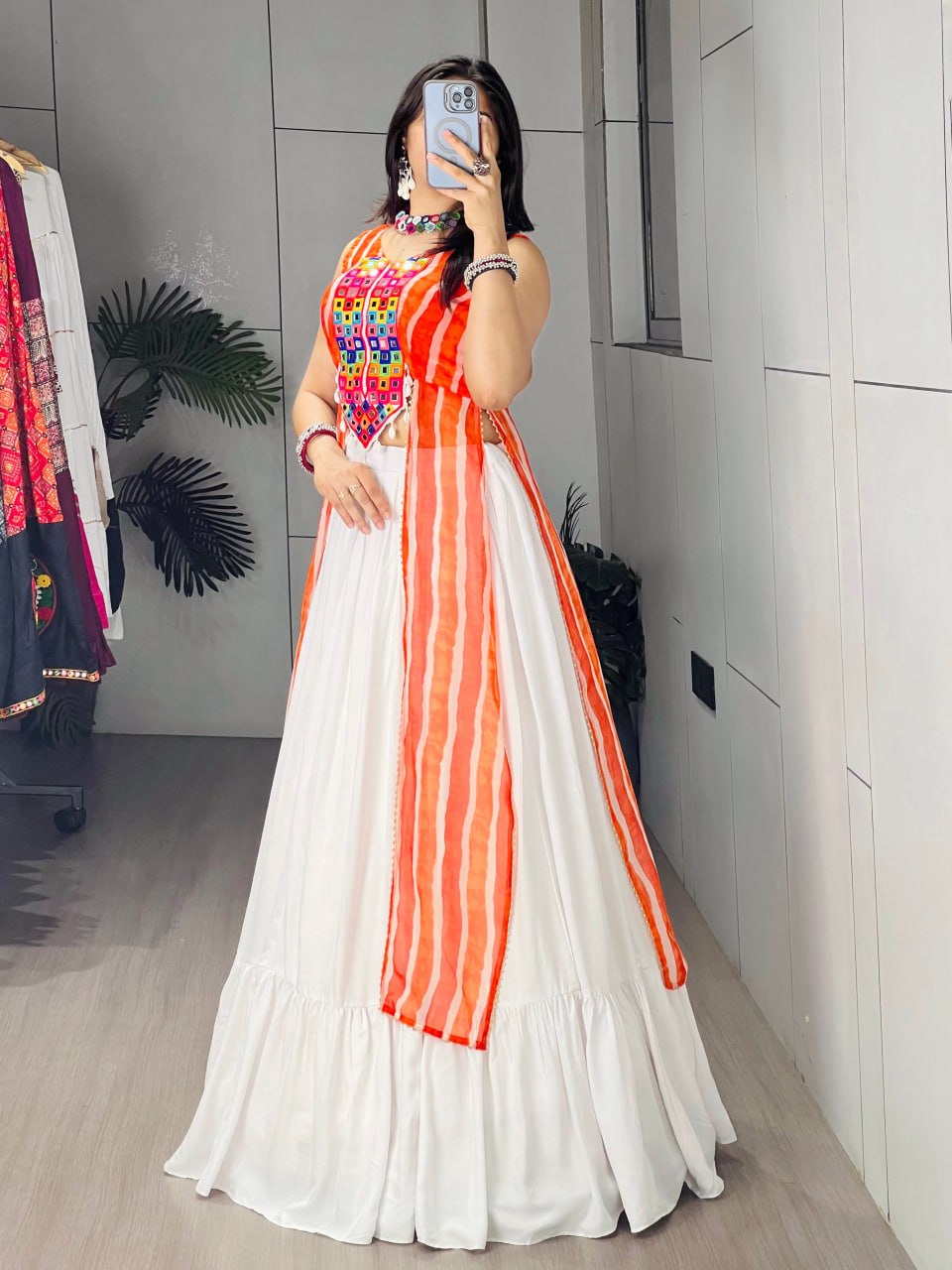 RangBhoomi Kesariya Leheriya Kurti with White Flared Lehenga Set - Festive Mirror & Gota Work