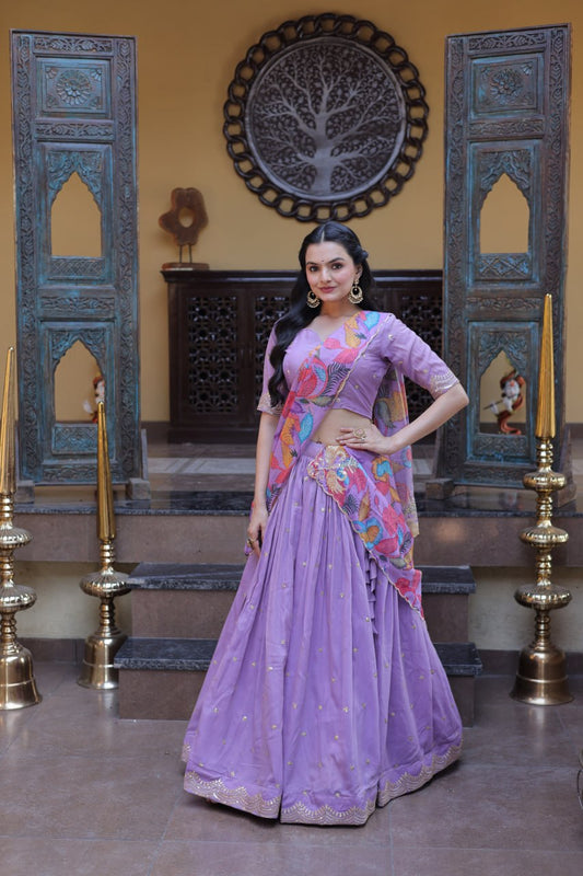 Elegant Lehengha Choli Set with Embroidered Cosmos Silk and Printed Tabby Silk Dupatta