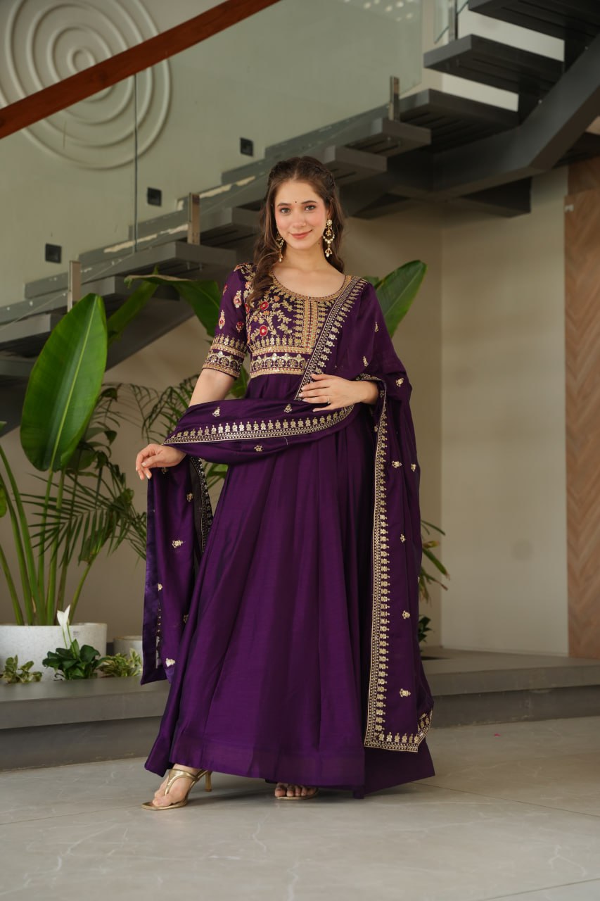 Exquisite Vichitra Silk Embroidered Gown