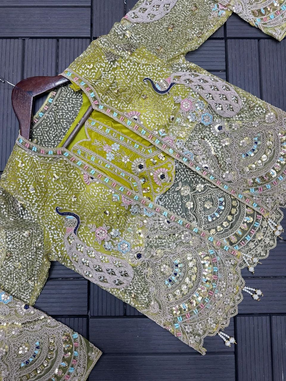 Trendy Party Wear Satin Lehenga with Embroidered Belt and Stylish Net Koti