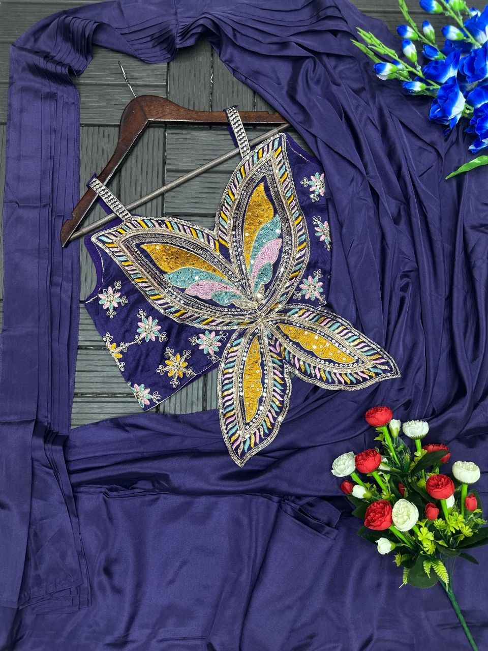 RangBhoomi Ready-to-Wear Saree with Elegant Embroidery and Sequined Blouse – Heavy Crepe Fabric