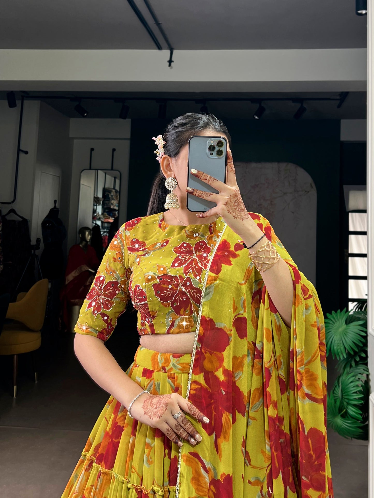 Elegant Floral Marble Print Lehenga Choli Set with Handwork and Lace Border Dupatta