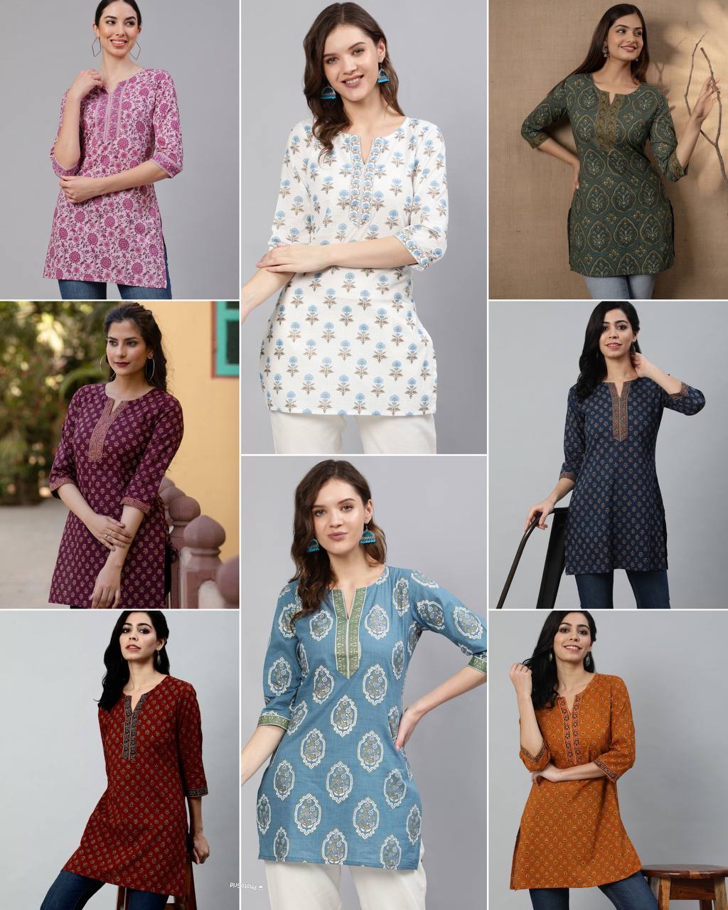 Collage of models wearing blush cotton kurtis in assorted prints and colors, highlighting the collection's variety.