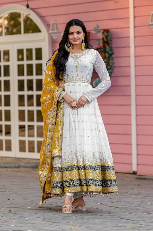 Elegant Party Wear Heavy Faux Georgette Gown with Embroidered Dupatta and Bottom Set