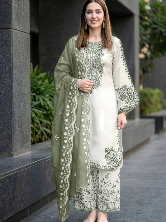 Elegant Party Wear Set Featuring Premium Roman Glass Embroidered Top with Fancy Bell Sleeves and Stylish Palazzo Pants with Dupatta