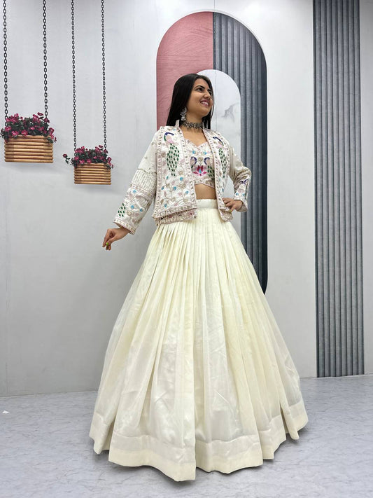Festival Special Vichitra Silk Crop Top Lehenga Jacket Set with Heavy Thread and Sequin Embroidery by RangBhoomi
