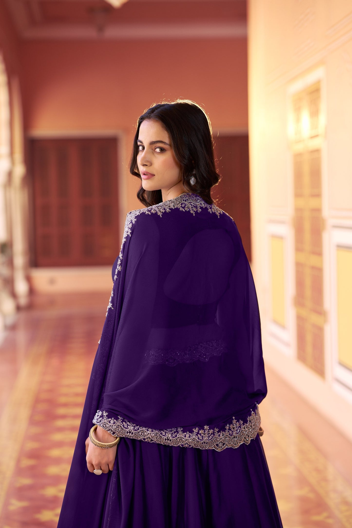Regal Mist Designer Ensemble with Intricate Embroidery and Luxurious Rangoli Silk