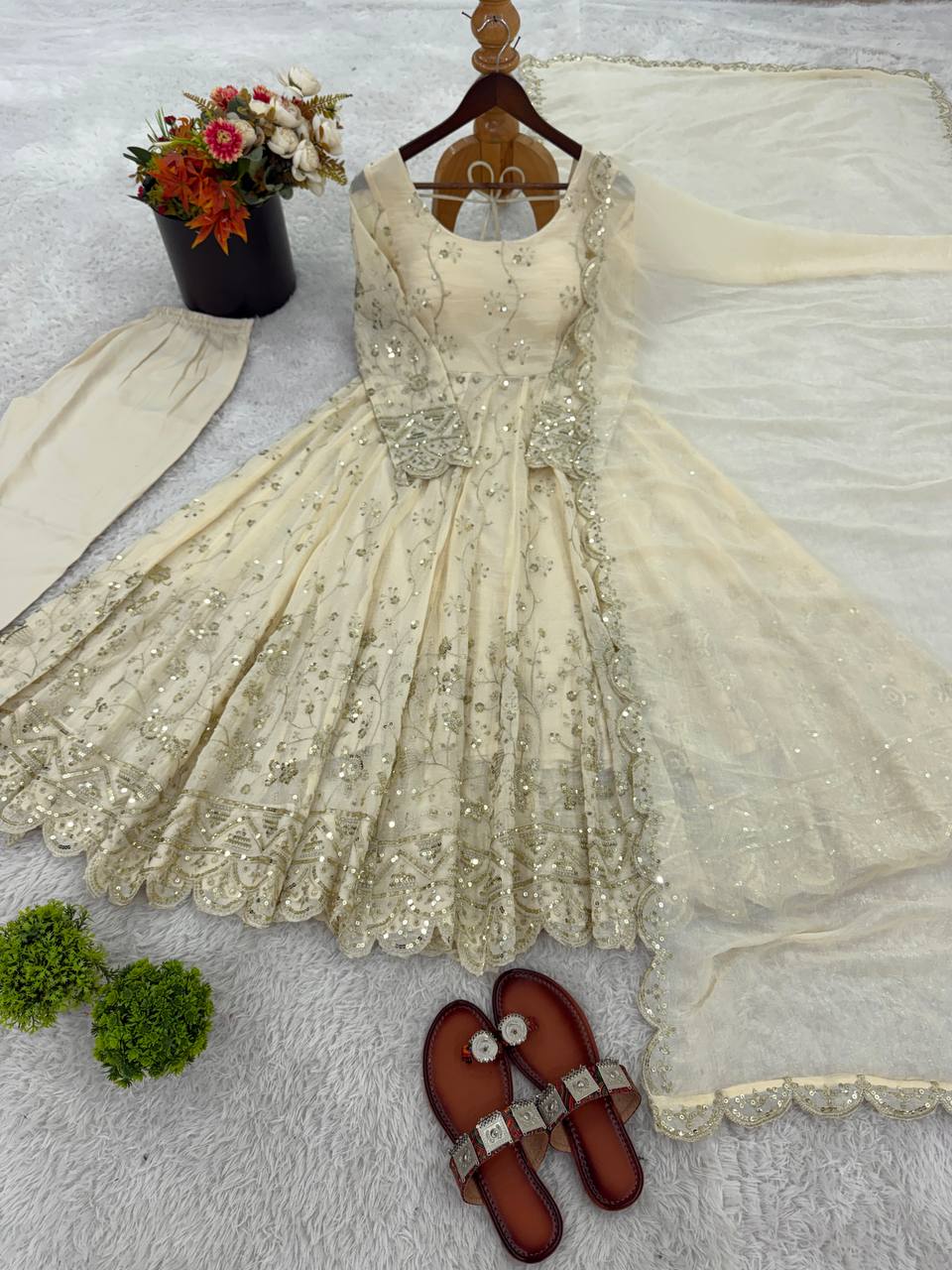 Embroidery Detailed Fully Stitched Ready-to-Wear Gown and Dupatta Set in Crunchy Silk