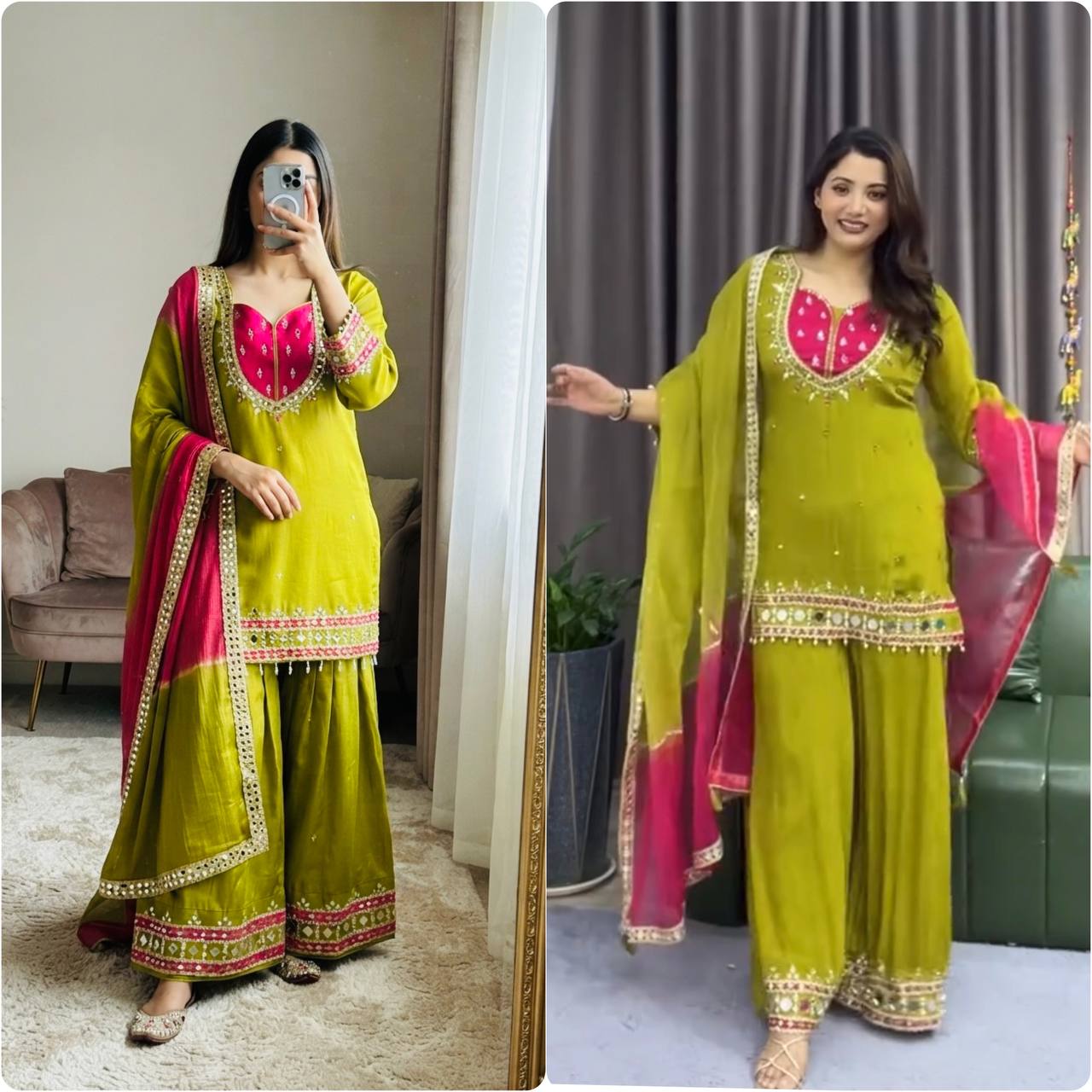 RangBhoomi Roman Glass Mirror-Work Ethnic Set — Fully Stitched Kurta, Palazzo & Kota Dupatta