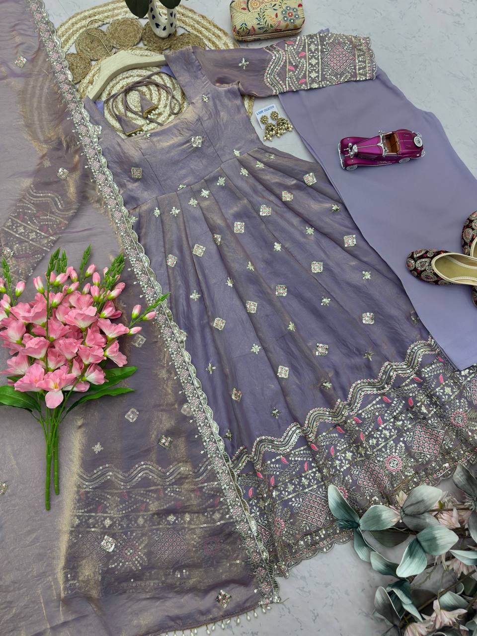 RangBhoomi Designer Party Wear Two-Tone Fandy Silk Embroidered Gown with Dupatta & Plazo