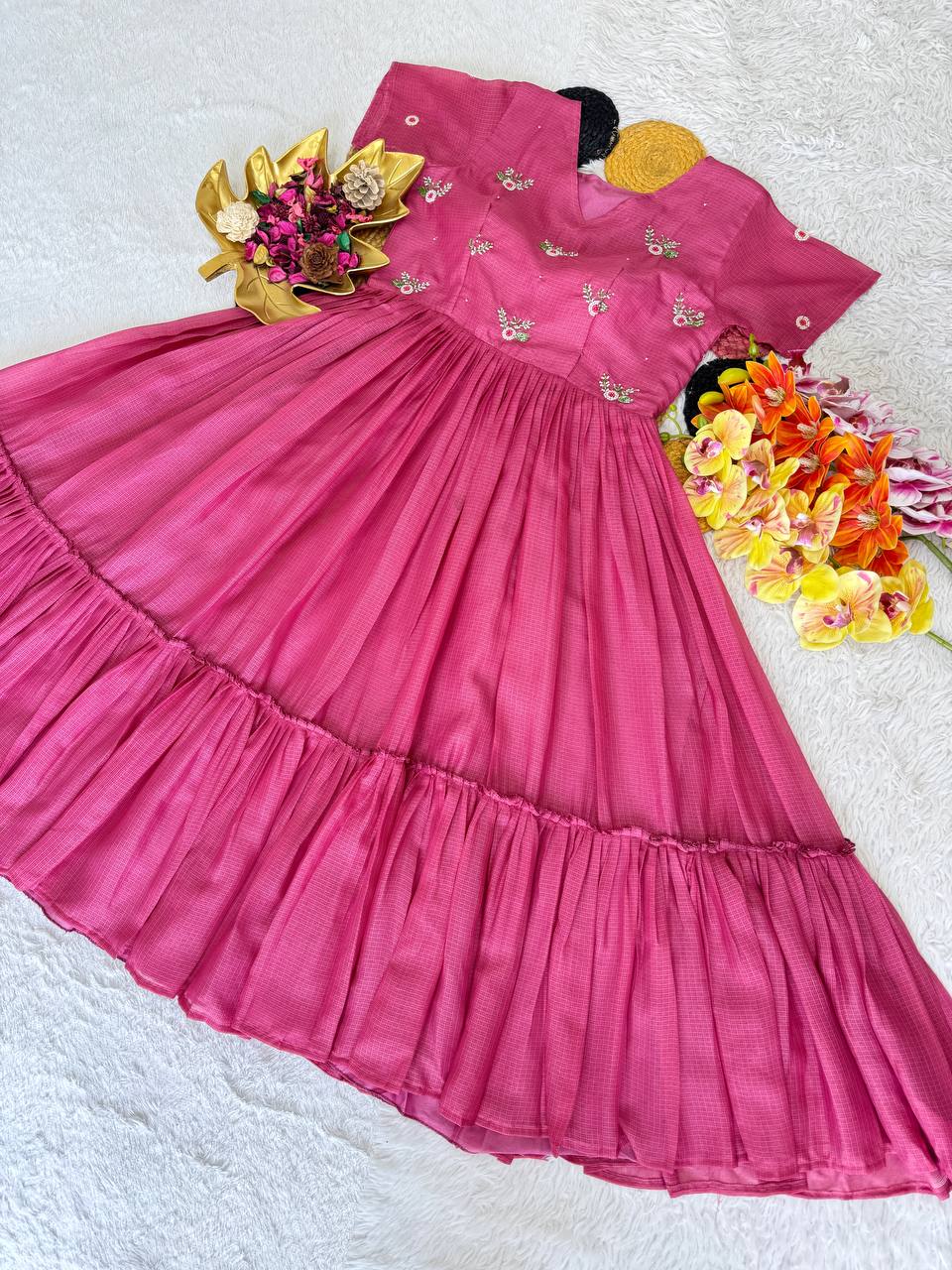 Summer Special Maggam Embroidered Kota Check Gown – Elegant Festive Wear by RangBhoomi