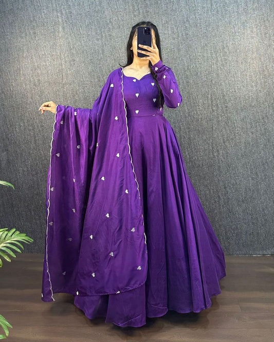 Stylish purple Ajrak Heart Gown with matching dupatta and intricate heart design.