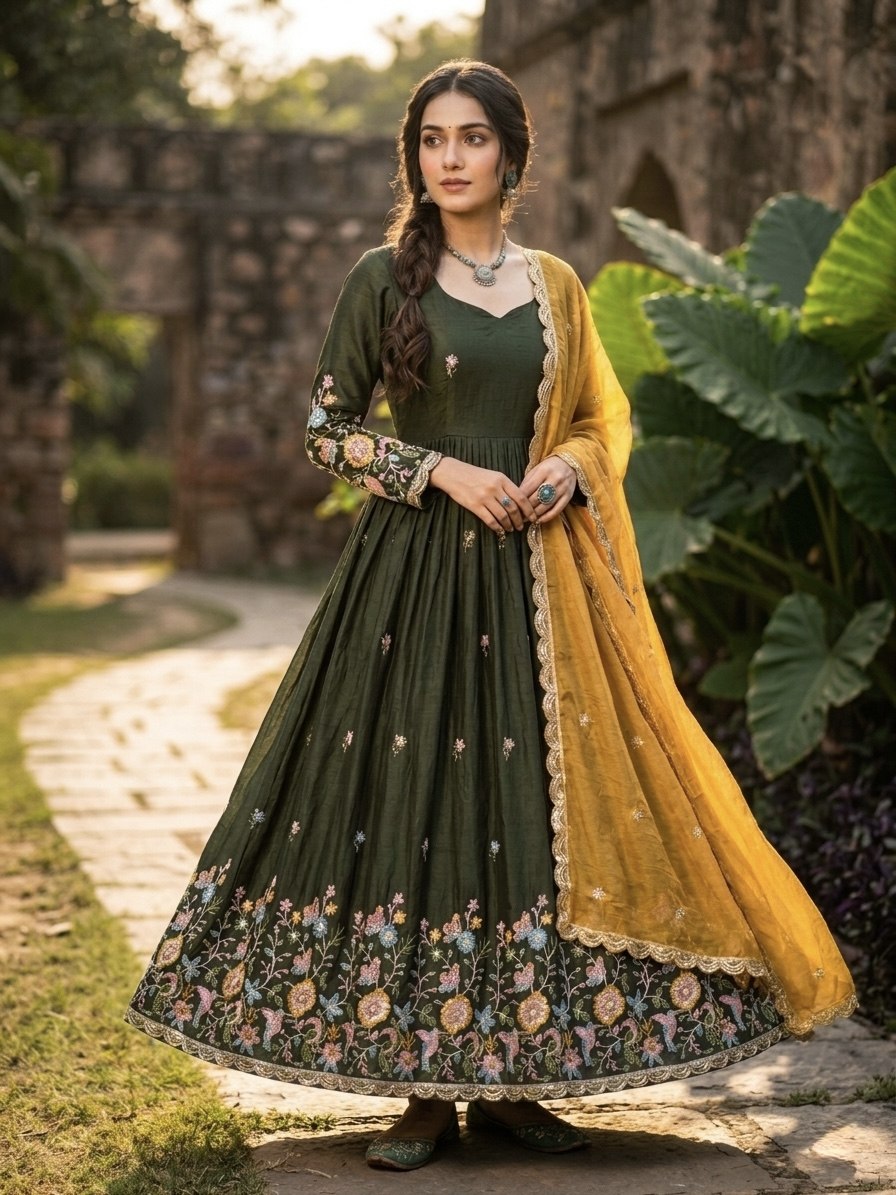 Elegant Fendi Silk Gown with Heavy Sequin and Zari Embroidery, Paired with Matching Dupatta – Collection 2026