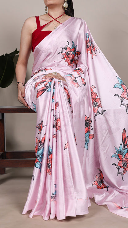 Charming floral satin saree for a sophisticated style.