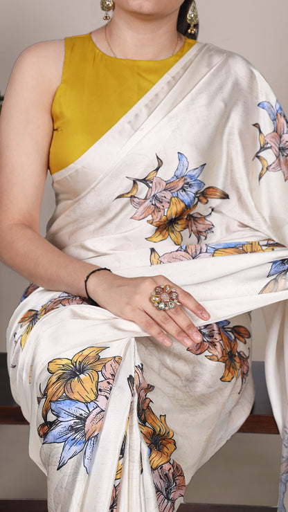 Floral satin saree, a timeless addition to your wardrobe.