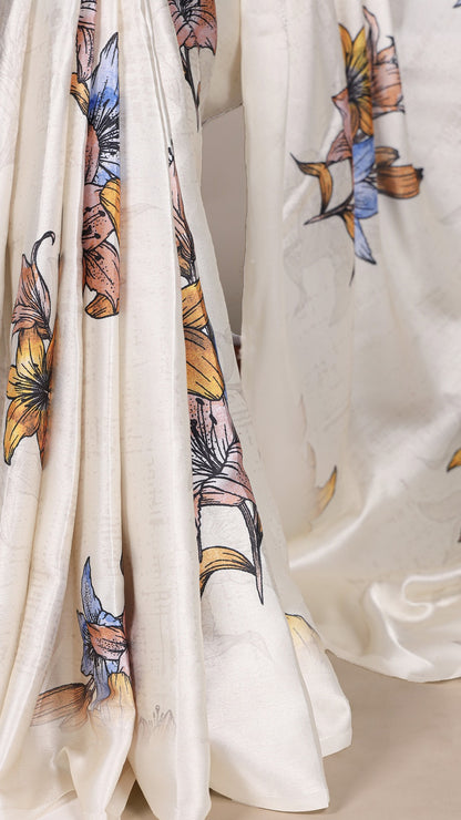 Gorgeous floral satin saree, perfect for weddings.