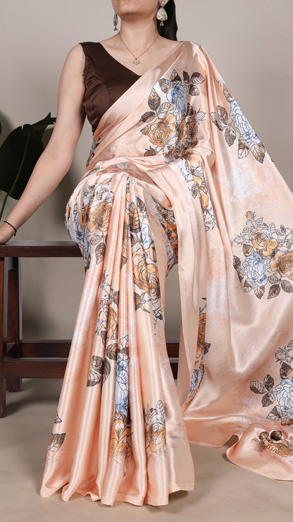 Elegant floral satin saree, perfect for special occasions.