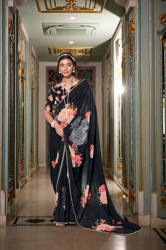 Elegant Georgette Saree - Floral Design, Lightweight Fabric