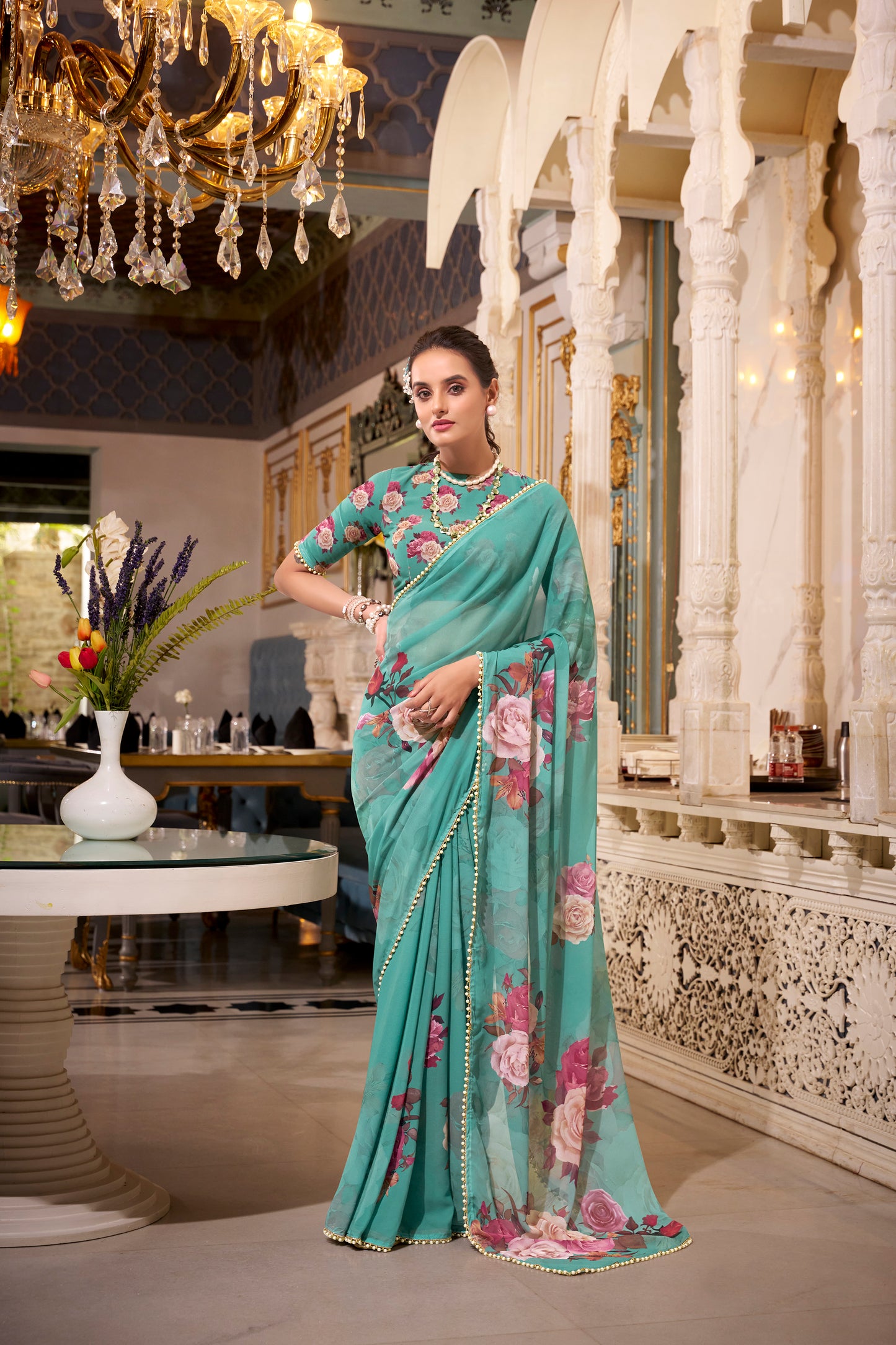 Elegant Georgette Saree - Floral Design, Lightweight Fabric