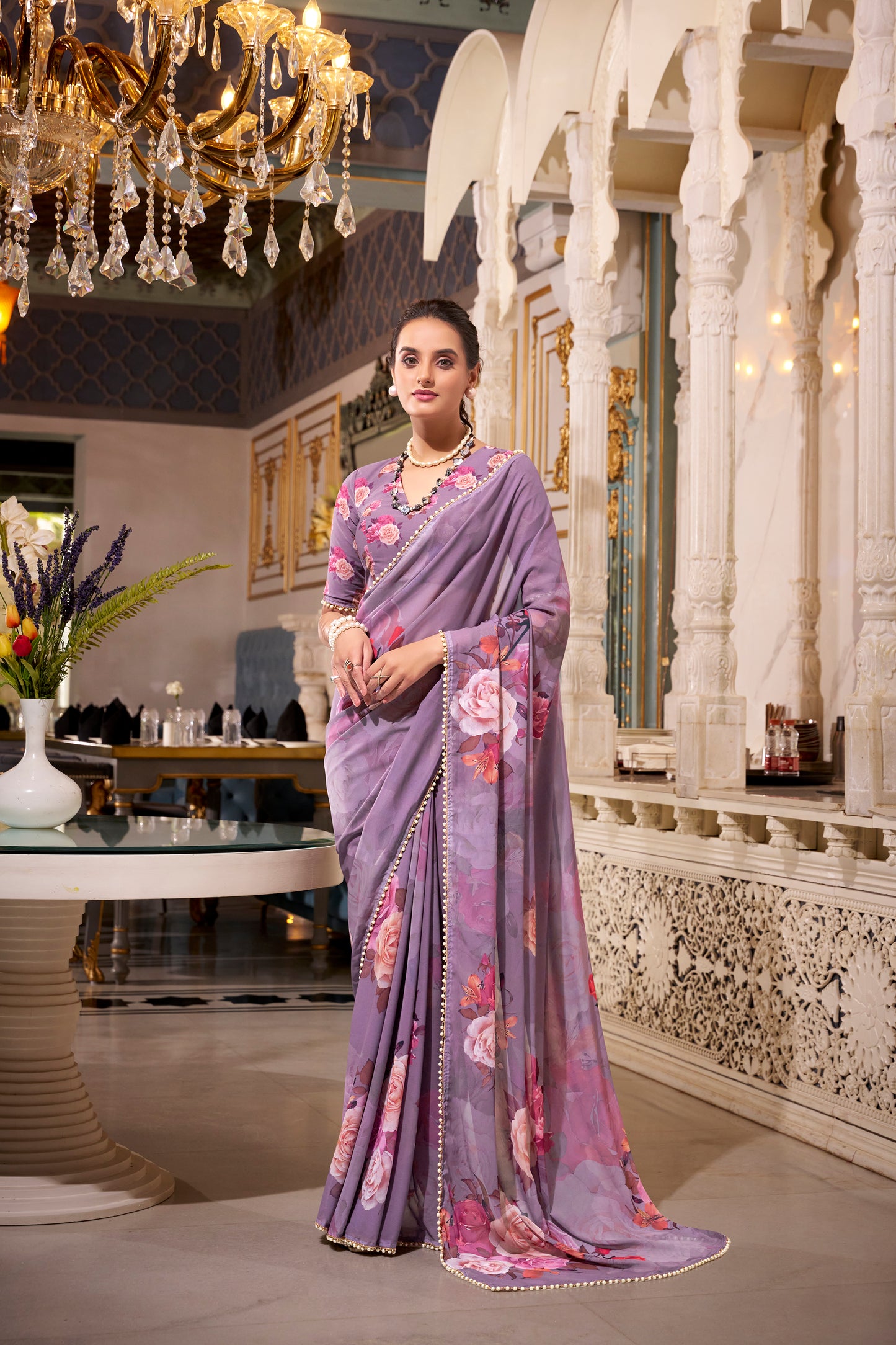 Elegant Georgette Saree - Floral Design, Lightweight Fabric