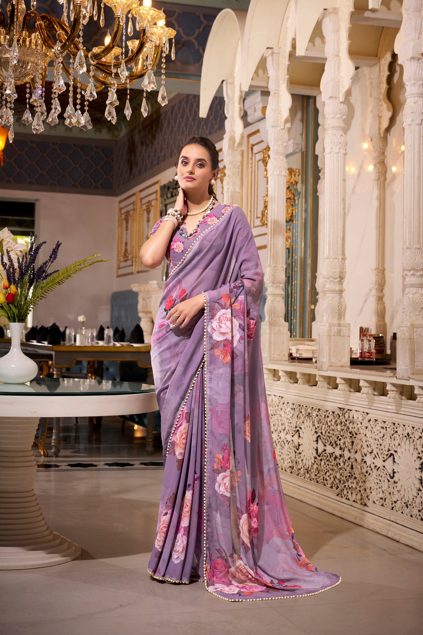 Elegant Georgette Saree - Floral Design, Lightweight Fabric