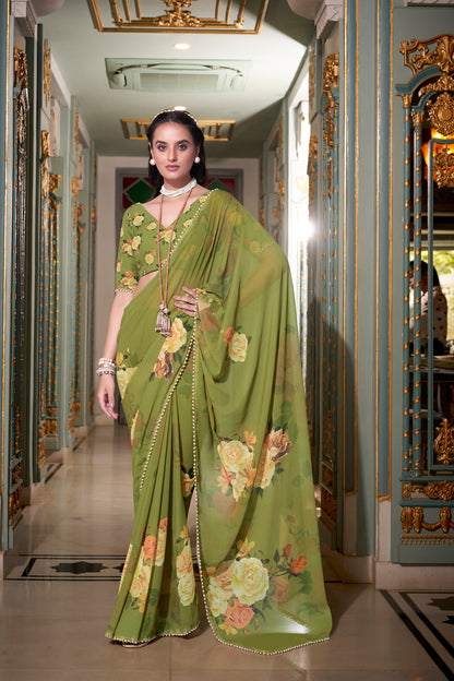 Elegant Georgette Saree - Floral Design, Lightweight Fabric