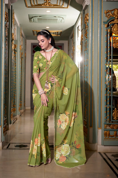 Elegant Georgette Saree - Floral Design, Lightweight Fabric