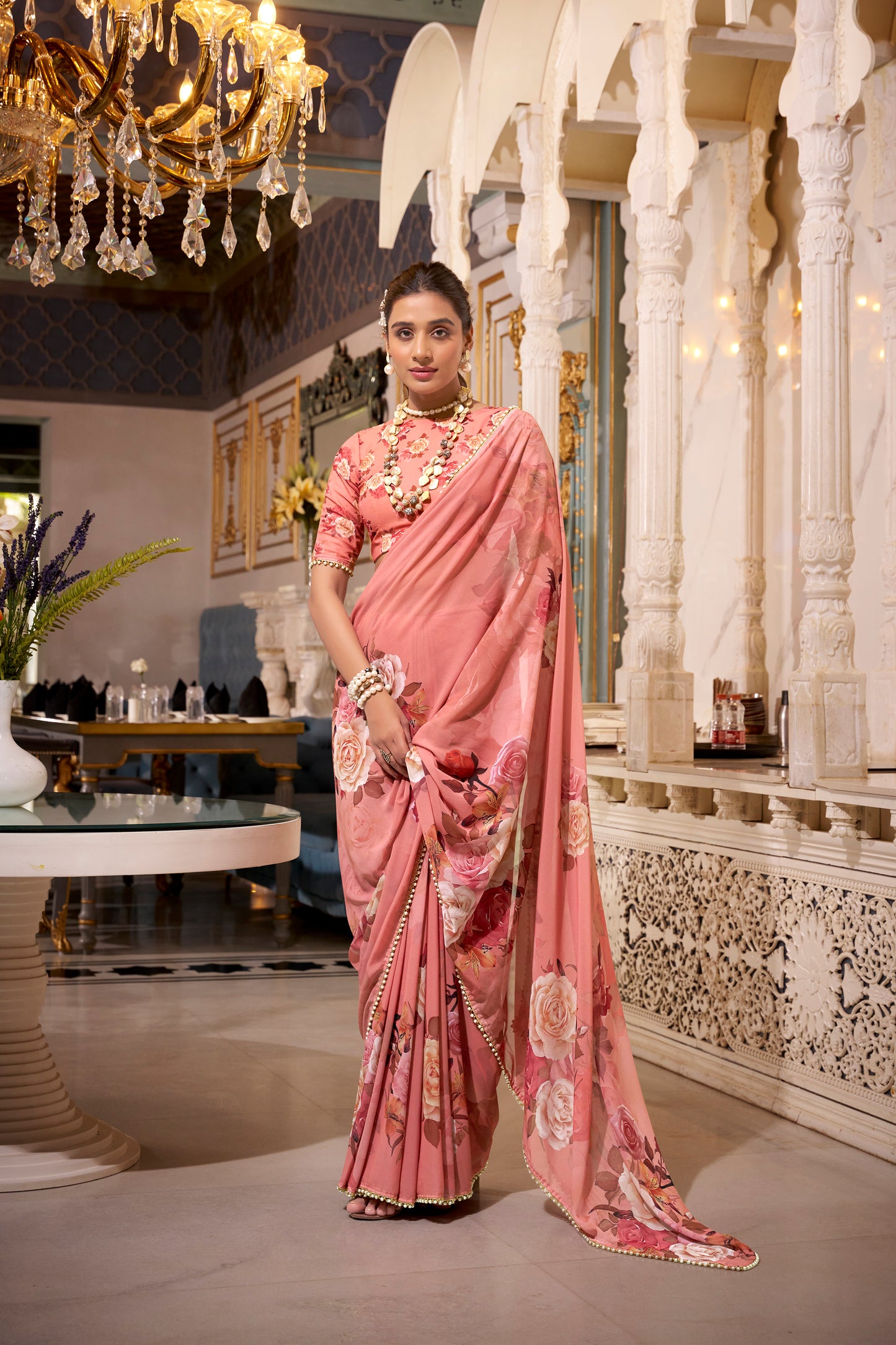 Elegant Georgette Saree - Floral Design, Lightweight Fabric