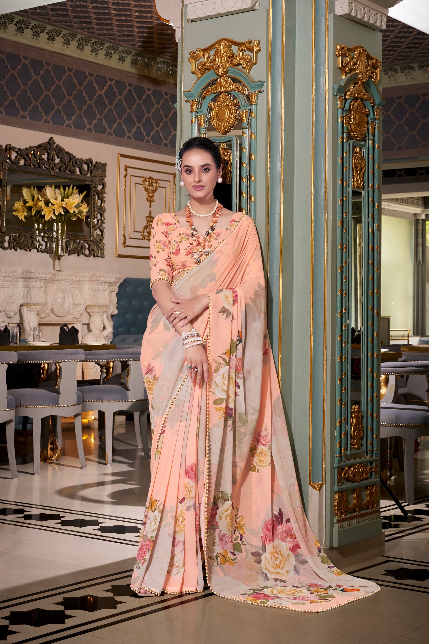 Elegant Georgette Saree - Floral Design, Lightweight Fabric