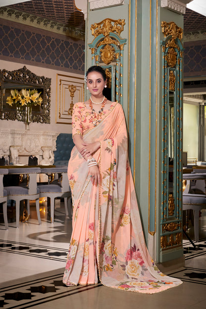 Elegant Georgette Saree - Floral Design, Lightweight Fabric