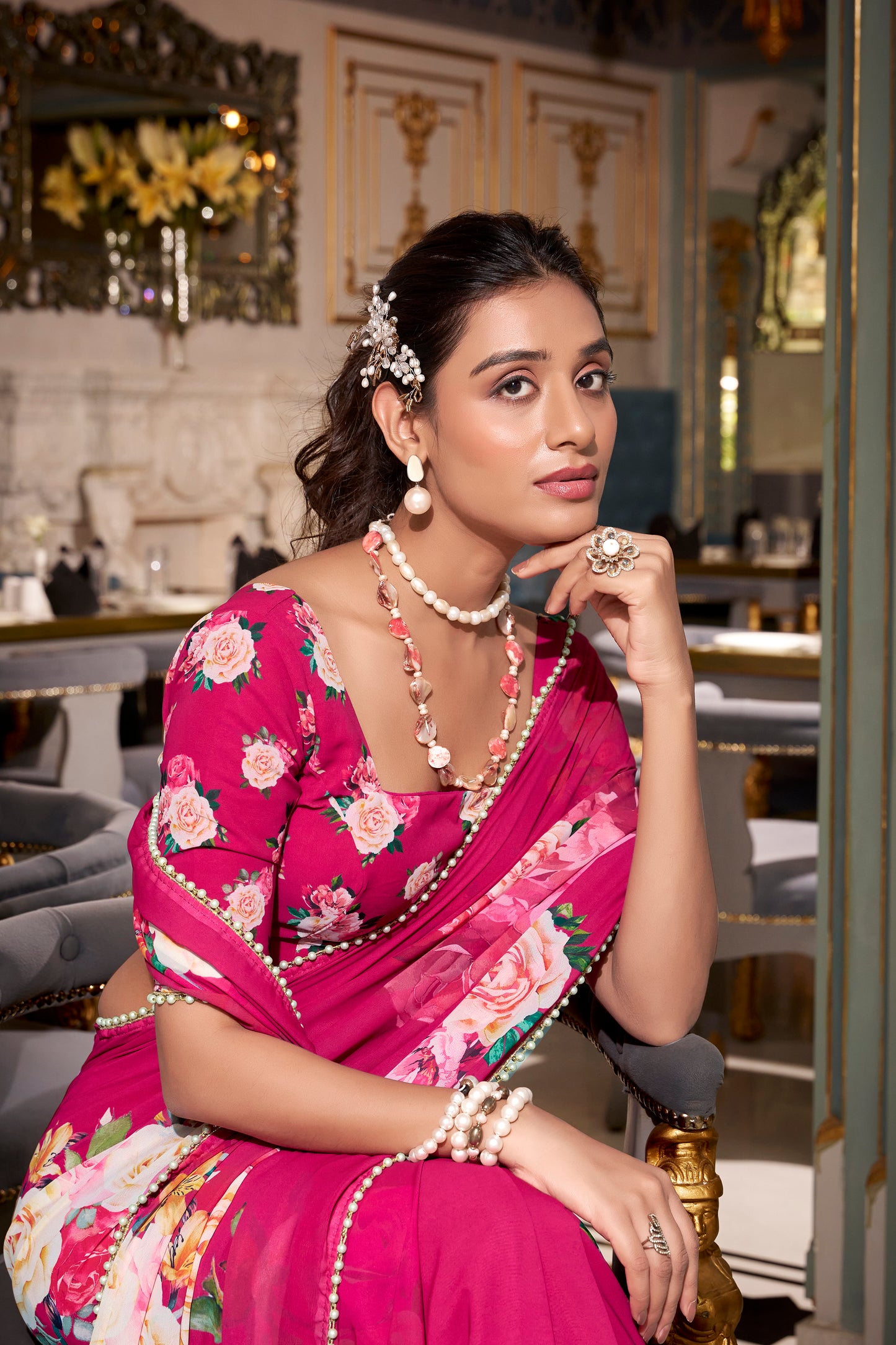 Elegant Georgette Saree - Floral Design, Lightweight Fabric