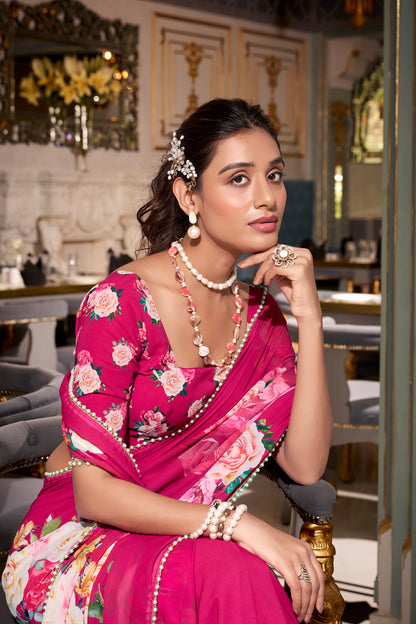 Elegant Georgette Saree - Floral Design, Lightweight Fabric