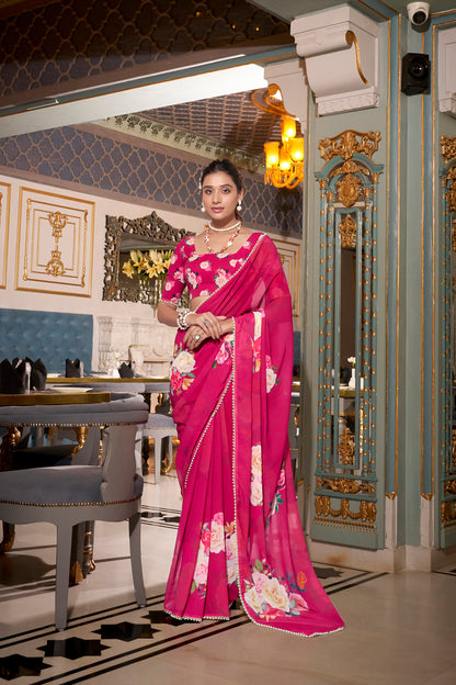 Elegant Georgette Saree - Floral Design, Lightweight Fabric
