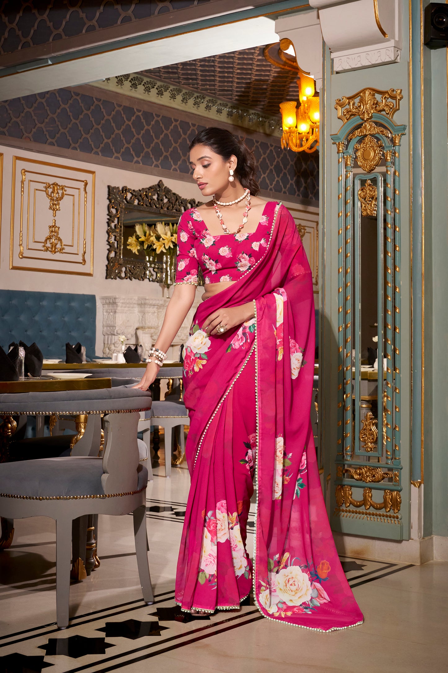 Elegant Georgette Saree - Floral Design, Lightweight Fabric
