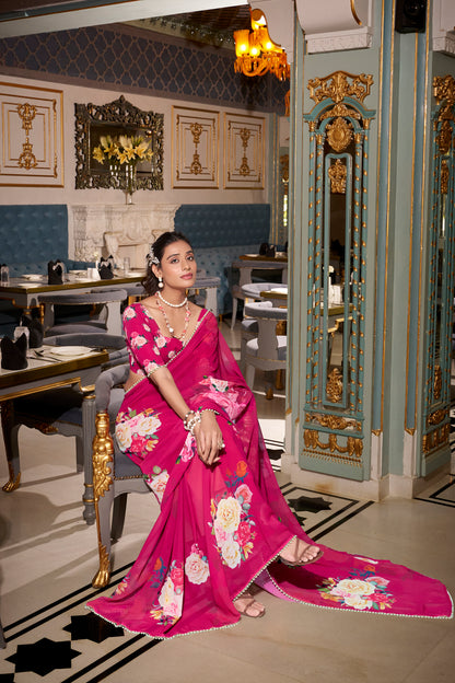 Elegant Georgette Saree - Floral Design, Lightweight Fabric