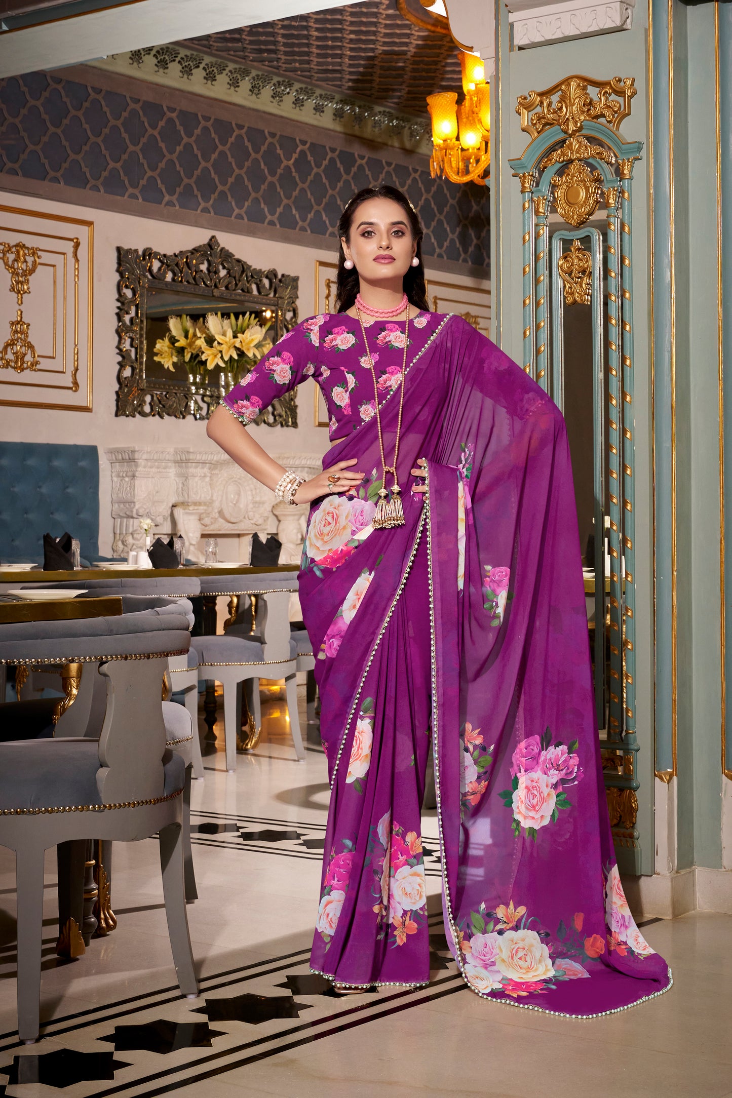 Elegant Georgette Saree - Floral Design, Lightweight Fabric
