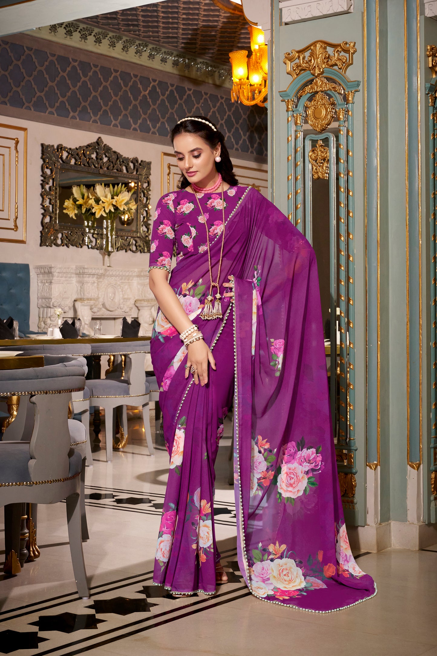 Elegant Georgette Saree - Floral Design, Lightweight Fabric