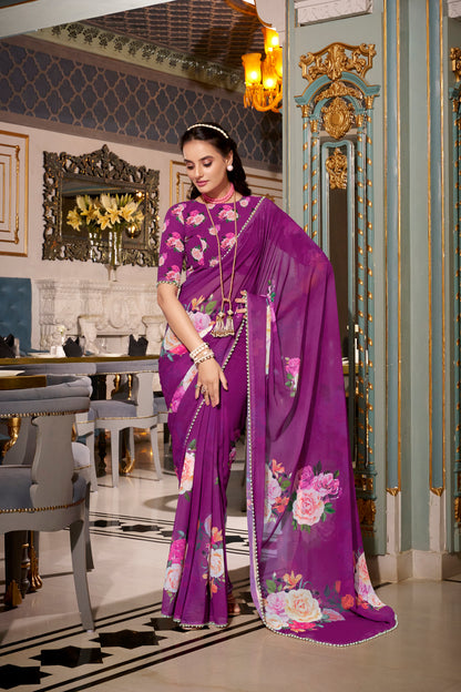 Elegant Georgette Saree - Floral Design, Lightweight Fabric