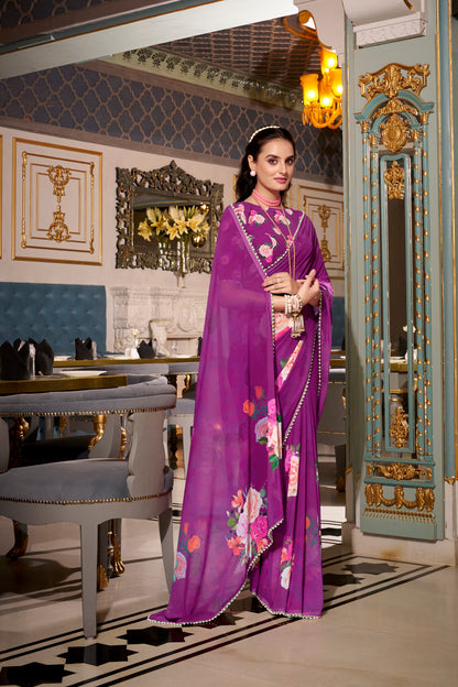Elegant Georgette Saree - Floral Design, Lightweight Fabric