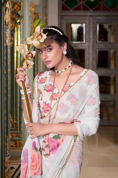 Elegant Georgette Saree - Floral Design, Lightweight Fabric