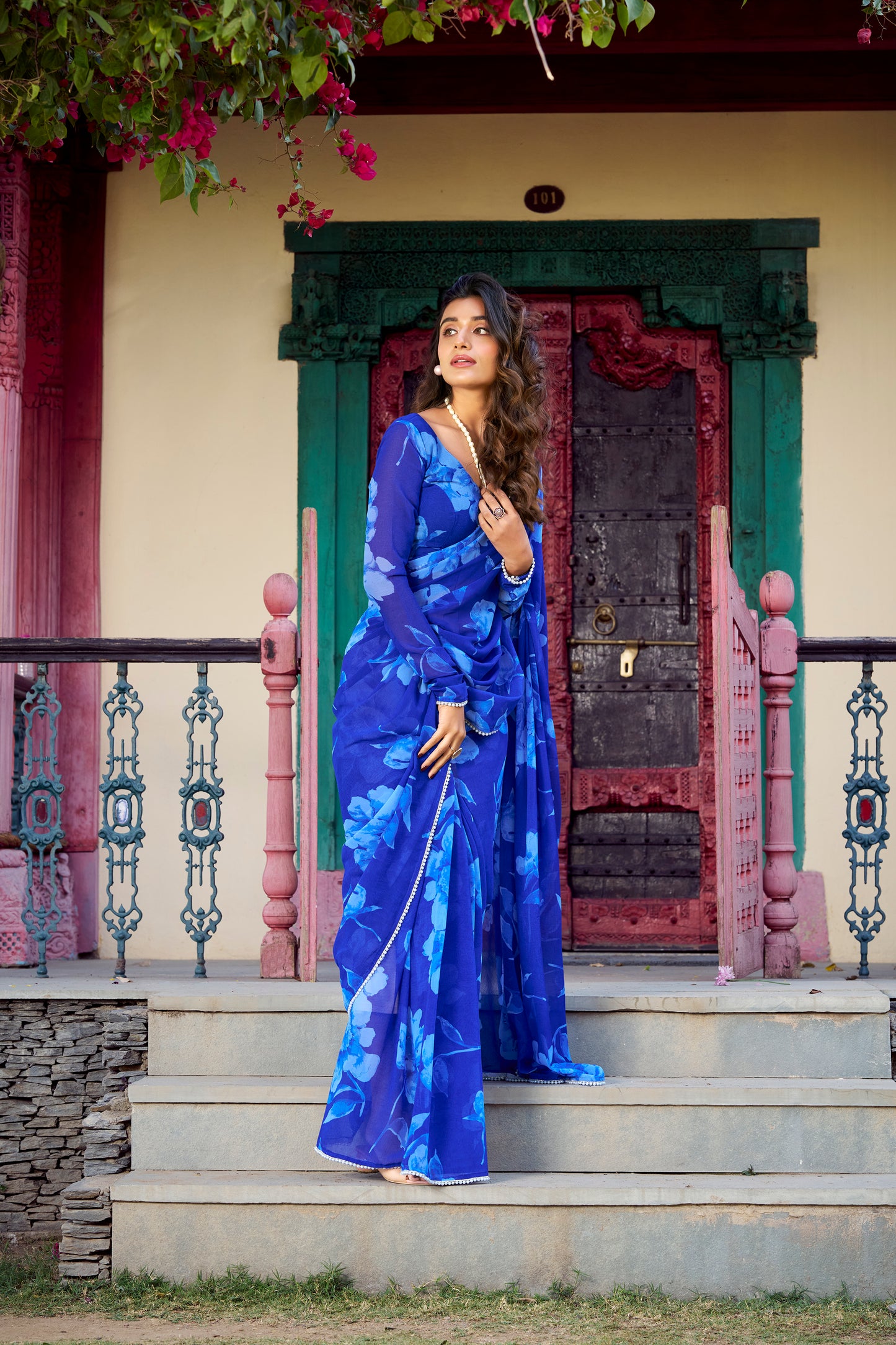 Stylish Floral Saree, breathable fabric in vibrant blue.