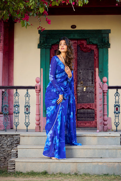 Stylish Floral Saree, breathable fabric in vibrant blue.