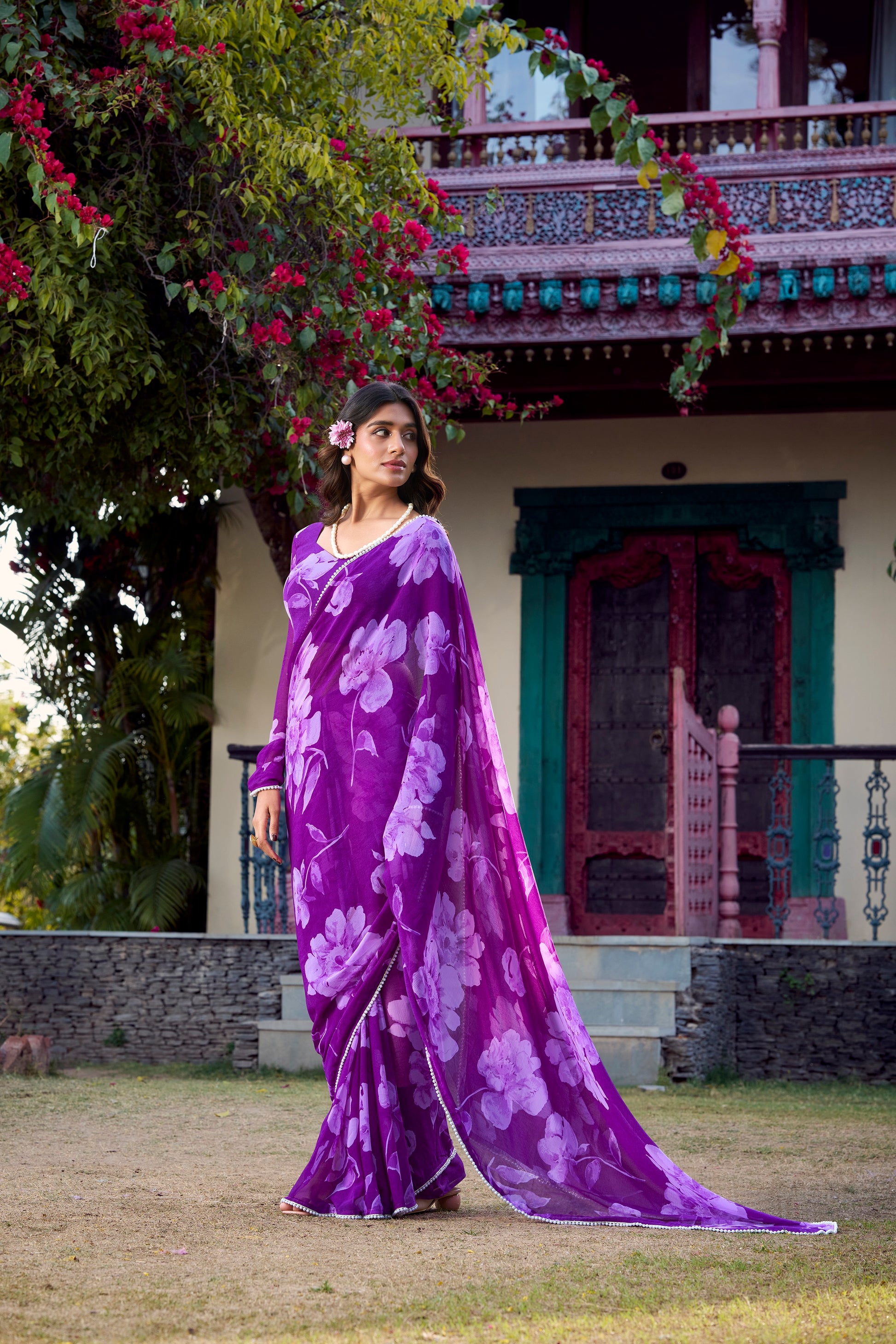 Floral Print Indian Saree in lightweight breathable fabric.