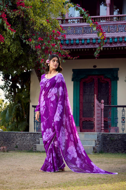 Floral Print Indian Saree in lightweight breathable fabric.