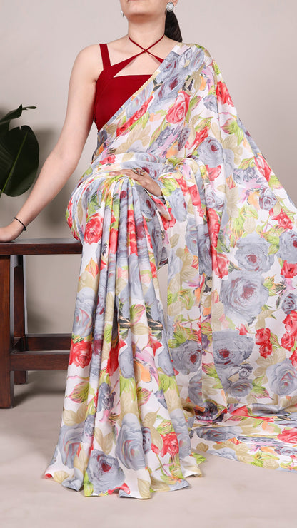 Yellow Floral Satin Saree