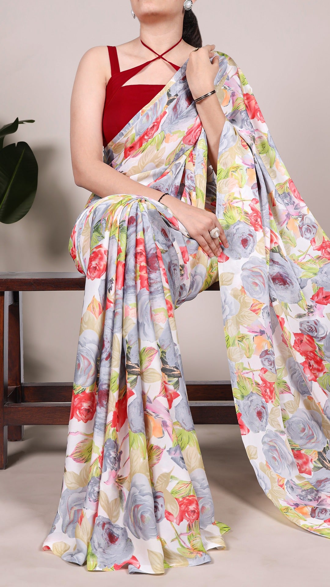 Yellow Floral Satin Saree