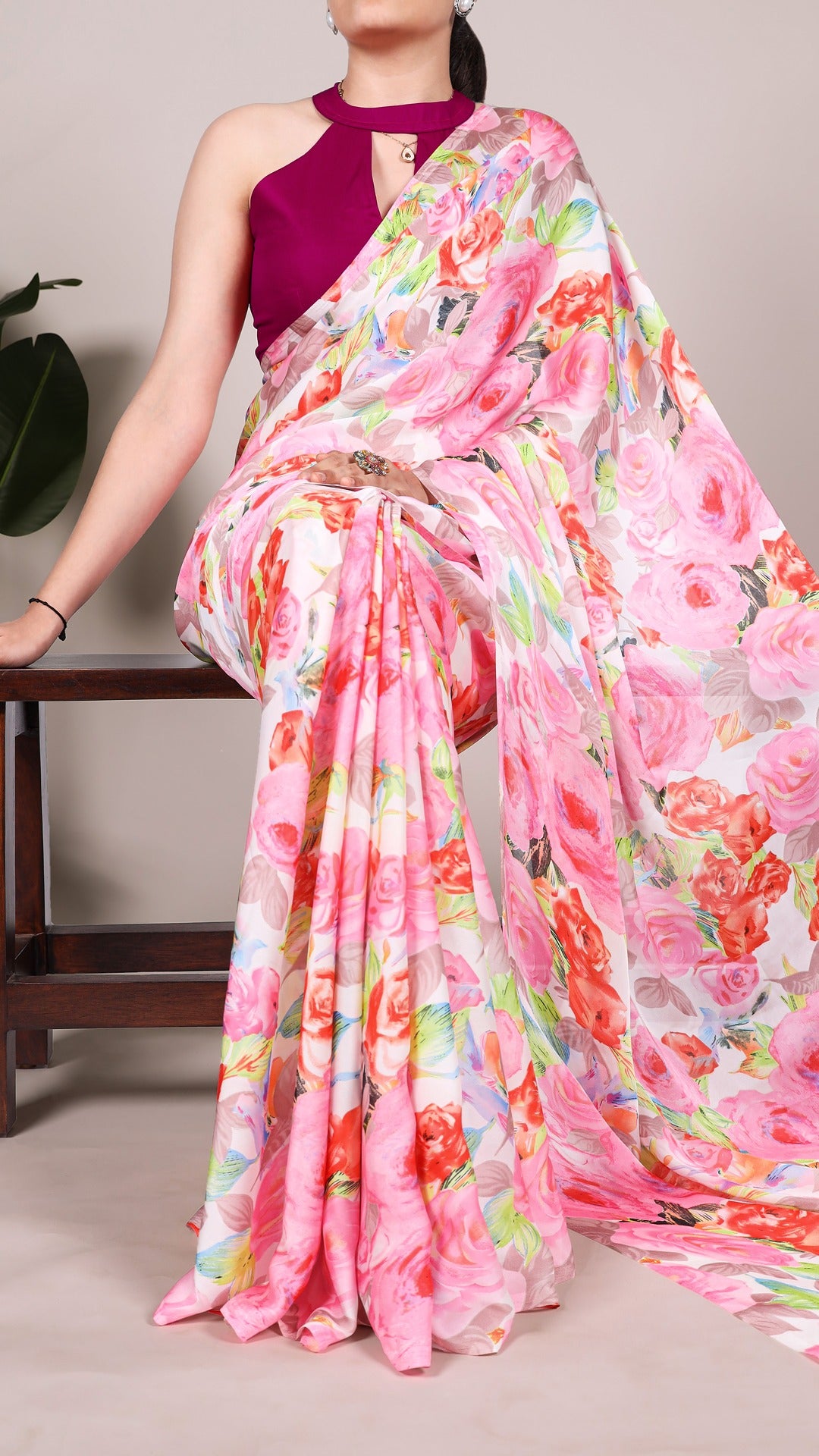Yellow Floral Satin Saree