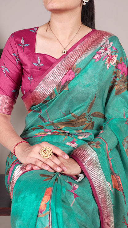 Close-up of floral saree with matching blouse and jewelry, showcasing the saree's design.